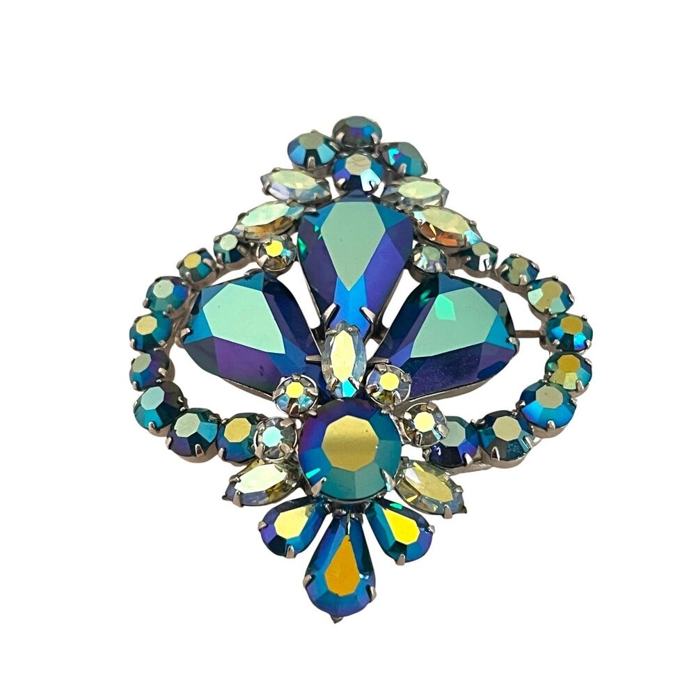 Vintage 1960s Vendome Brooch Blue AB Rhinestone Silver Tone Floral - 5N